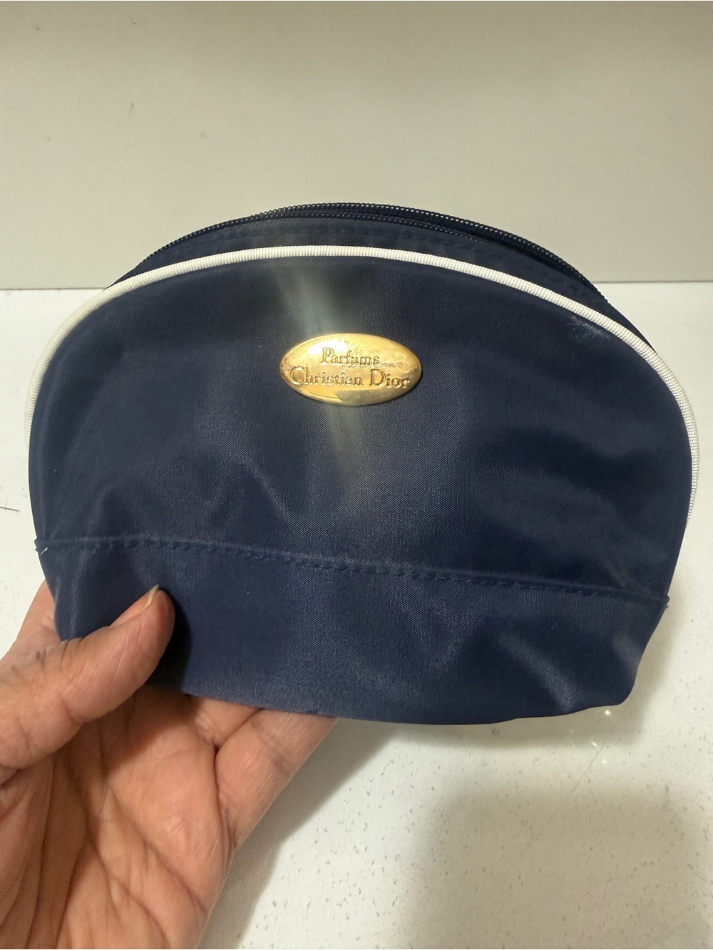 Dior Navy and White Travel Pouch with Gold Logo